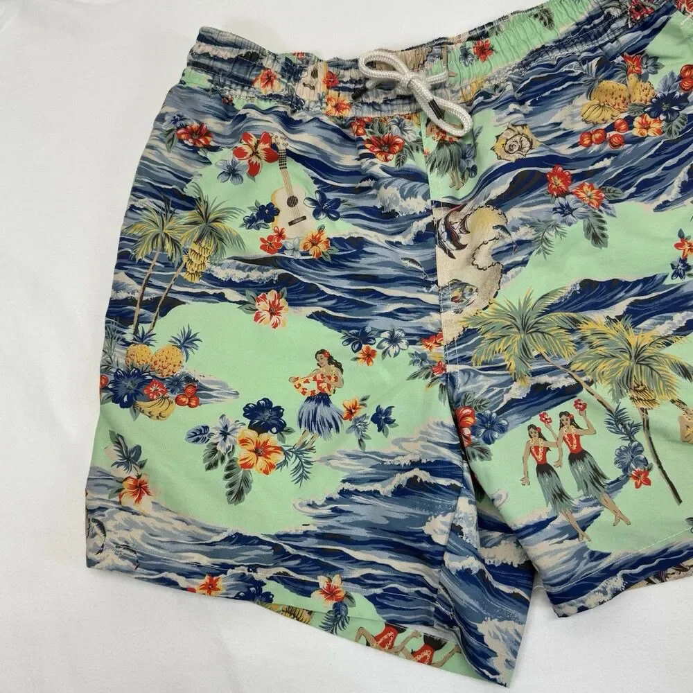 Polo Ralph Lauren Swim Trunks Sz M Green Hawaiian Floral Hulu Girl Preppy Beach